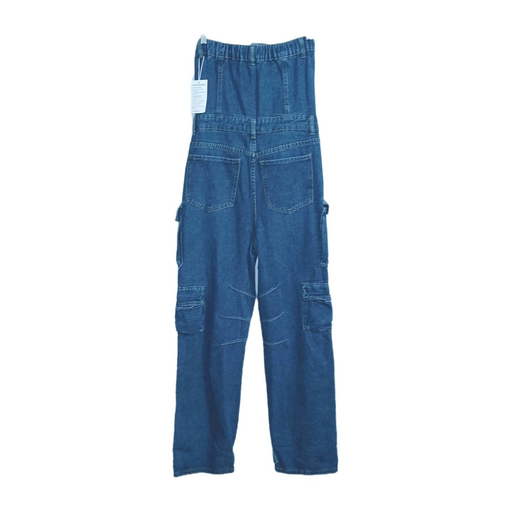 Loragal Women Denim Strapless Cargo Jumpsuit S Blue Utility Jean Medium Wash - Picture 4 of 7